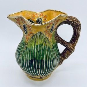 Handmade Enameled Pitcher Creamer with Gold Threaded Trim Ruffled Top and Handle